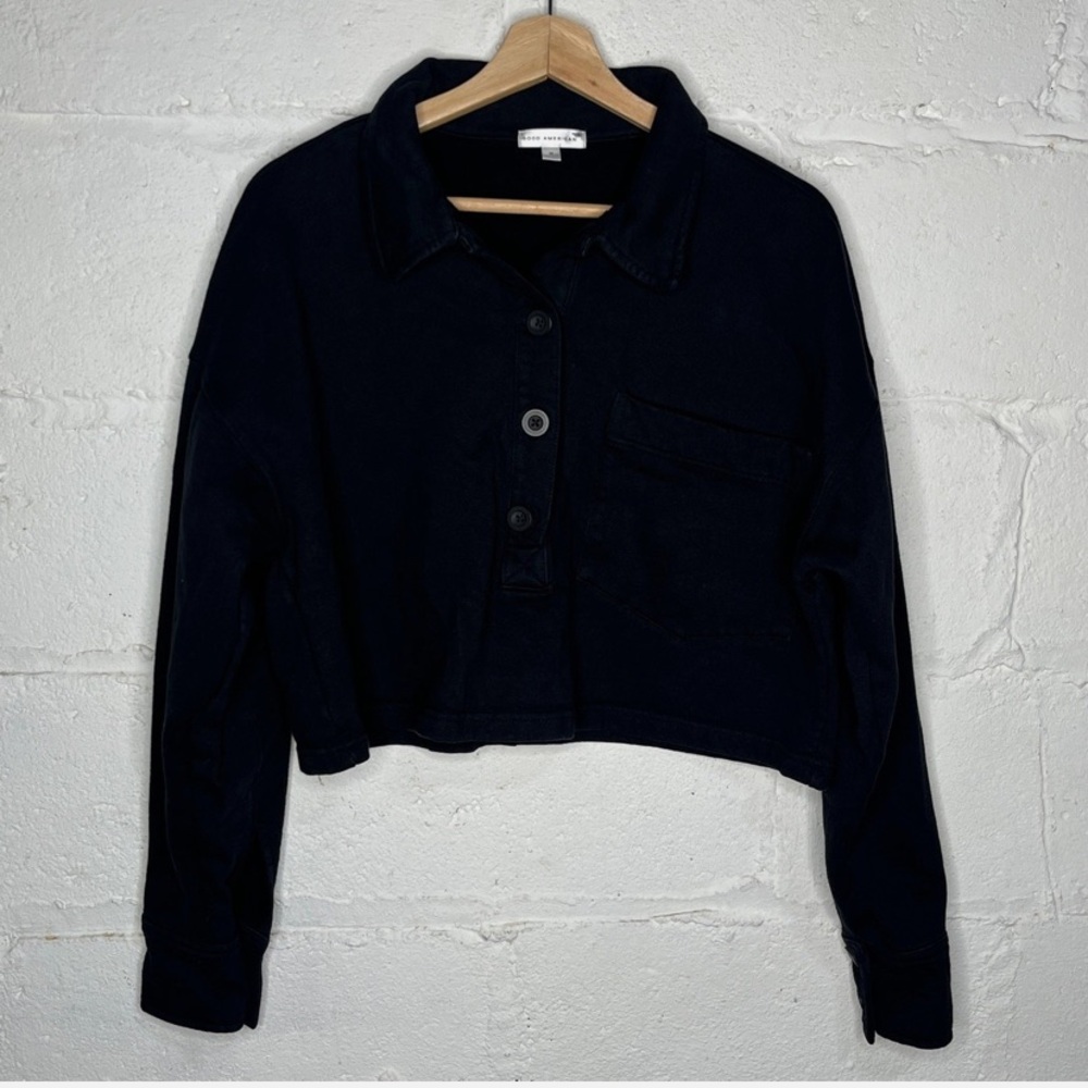Good American Women's Black Cropped Fleece Polo Sweatshirt Size 5 / Women’s 2XL